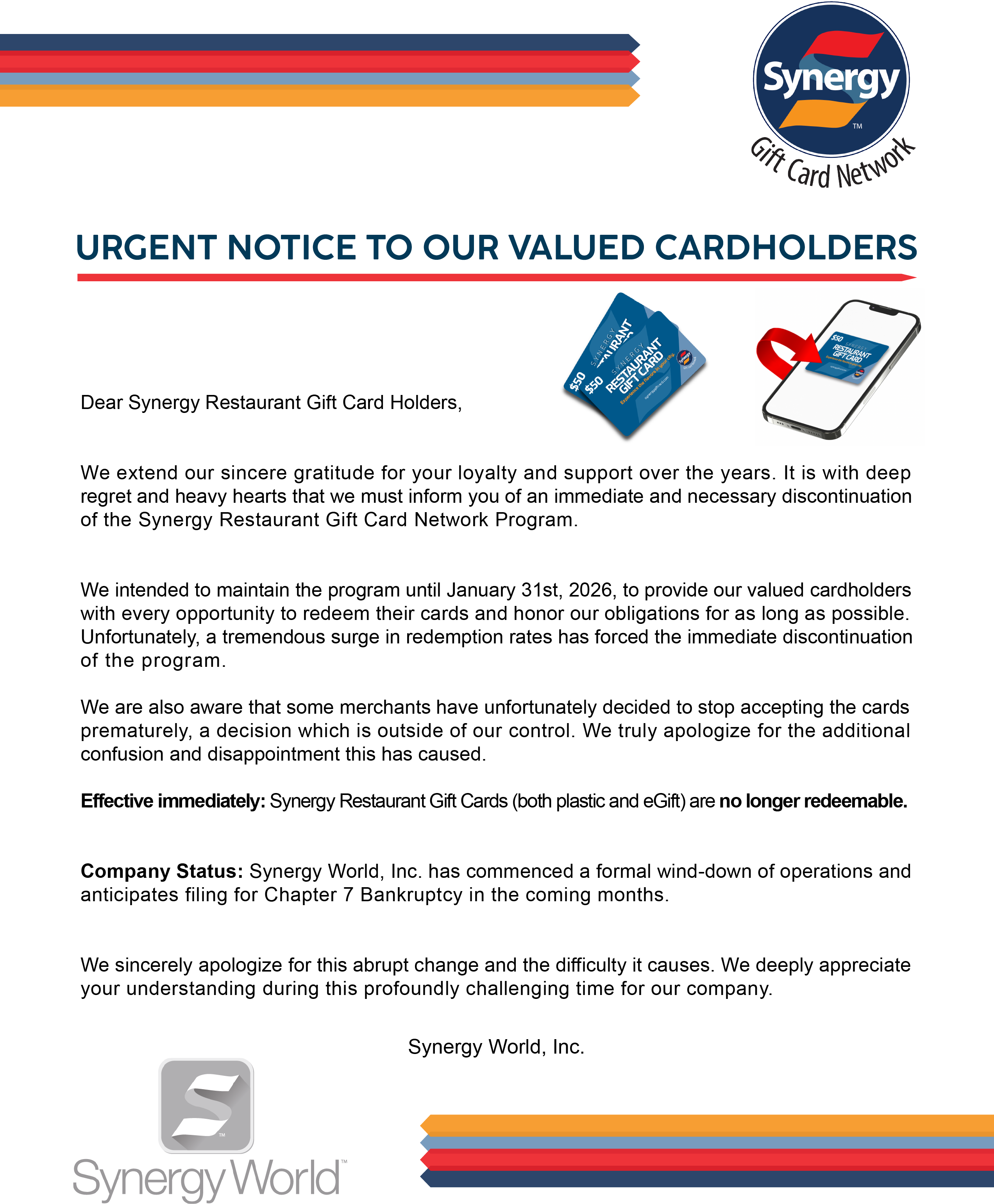Synergy Gift Card Notice