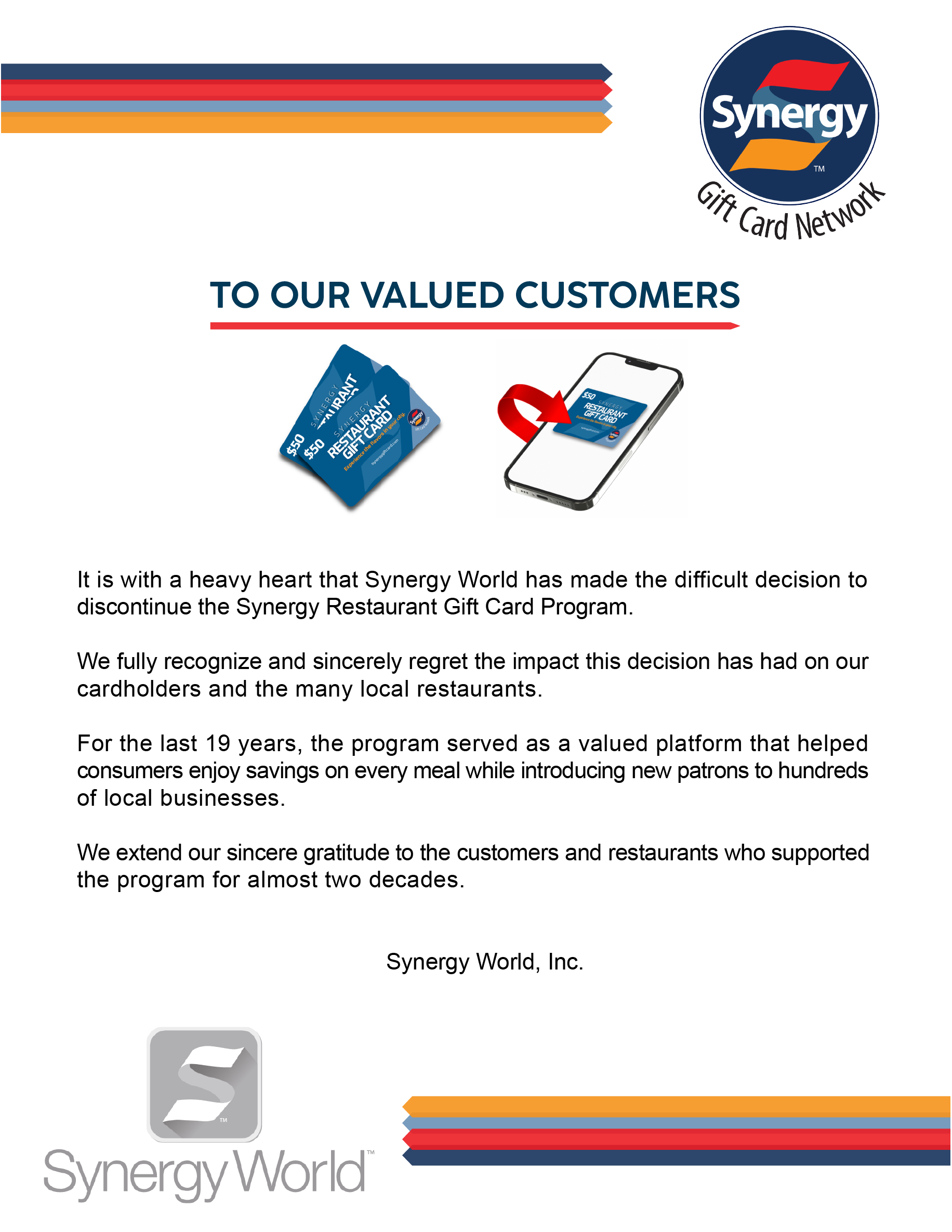 Synergy Gift Card Notice